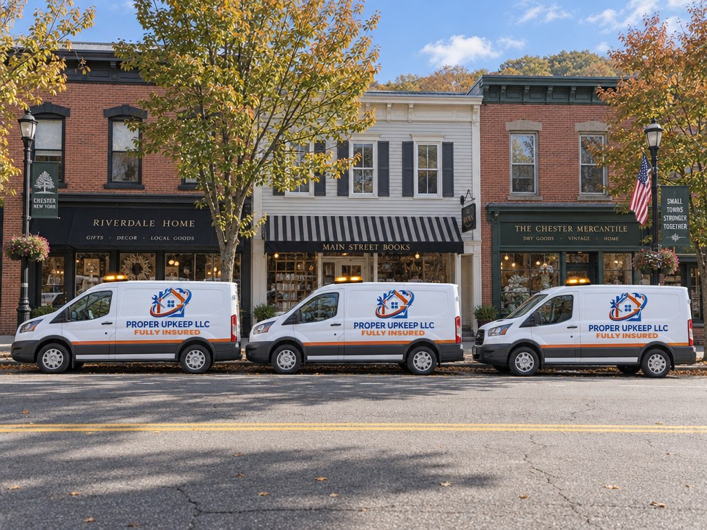 Proper Upkeep vans on Main Street, Chester, NY